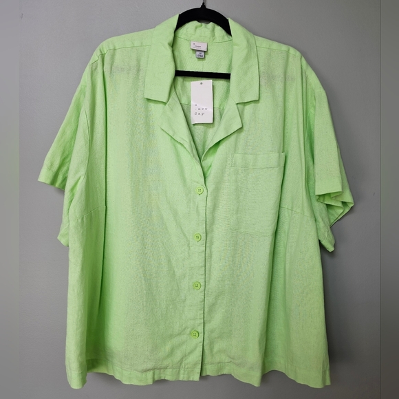 A New Day Women's Linen Short Sleeve Button-Down Camp Shirt Front Pocket, Green - Picture 4 of 9